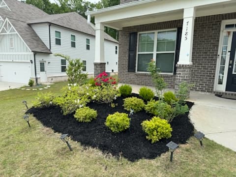 Freshly mulched flower bed with new plantings at a front porch